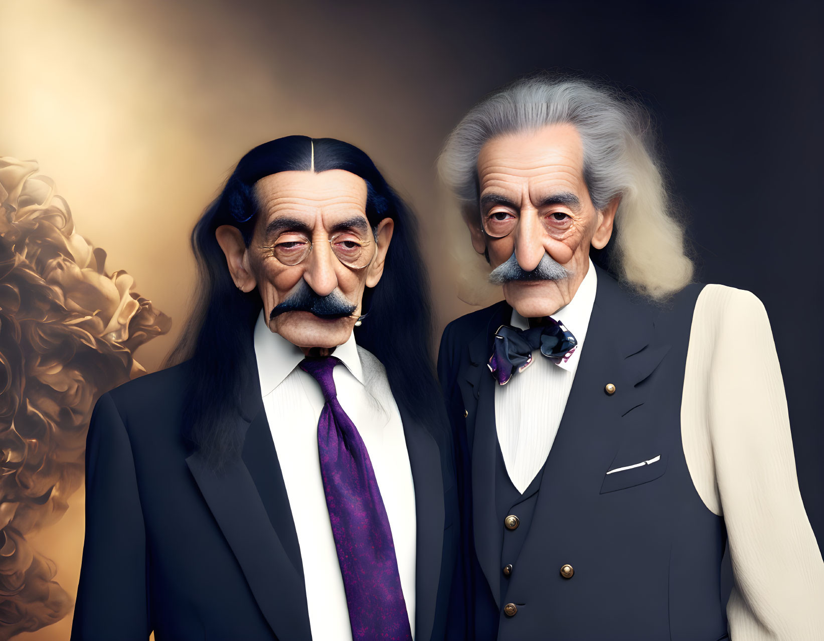 Stylized caricature figures of Salvador Dali and Albert Einstein against smoky backdrop