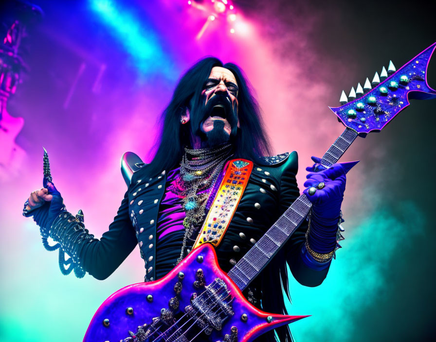 Rock musician with black hair plays dual-neck guitar under purple lighting