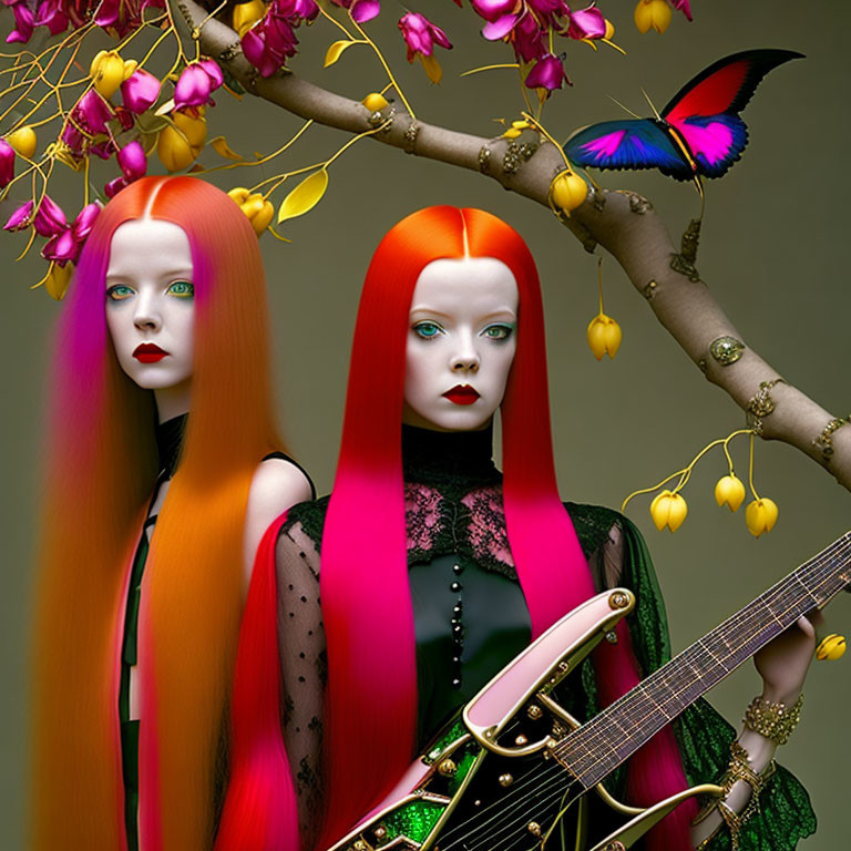 Surreal female figures with red hair and butterfly on pink blossom branch