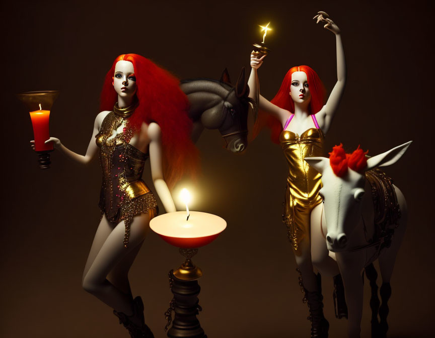 Mannequins styled as mystical figures with red hair, holding candle and star, beside dark and