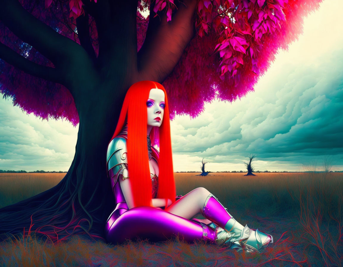 Colorful Illustration: Woman with Red Hair and Cybernetic Limbs under Pink-Leaved Tree