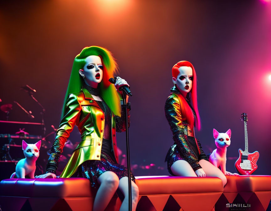 Colorful Hair Female Singers with Guitar and Fantasy Dogs on Stage