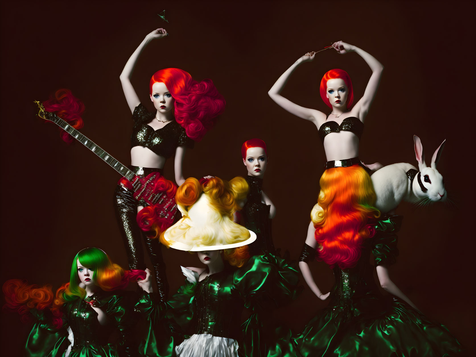 Stylized models with colorful hair and makeup posing with guitar and rabbit