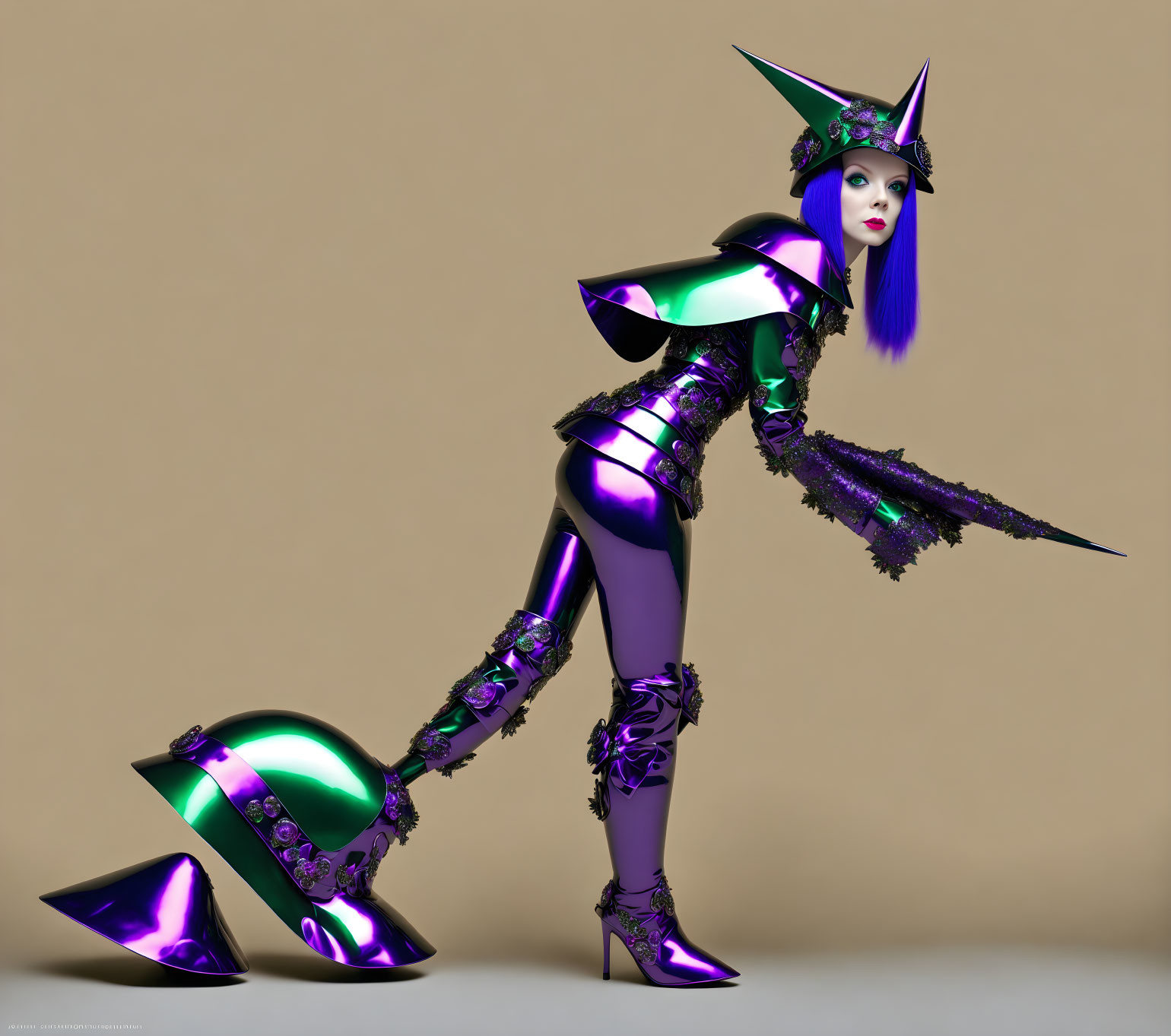 Elaborate Metallic Purple and Green Costume on 3D Female Character