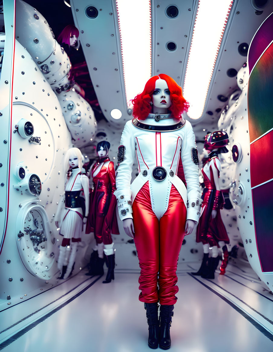 Futuristic woman in red and white outfit with vibrant red hair in corridor setting surrounded by similar figures