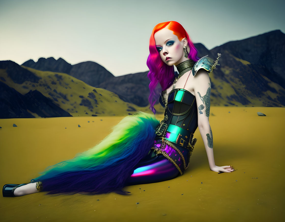 Vibrant fantasy cyborg woman with gradient hair in desert setting