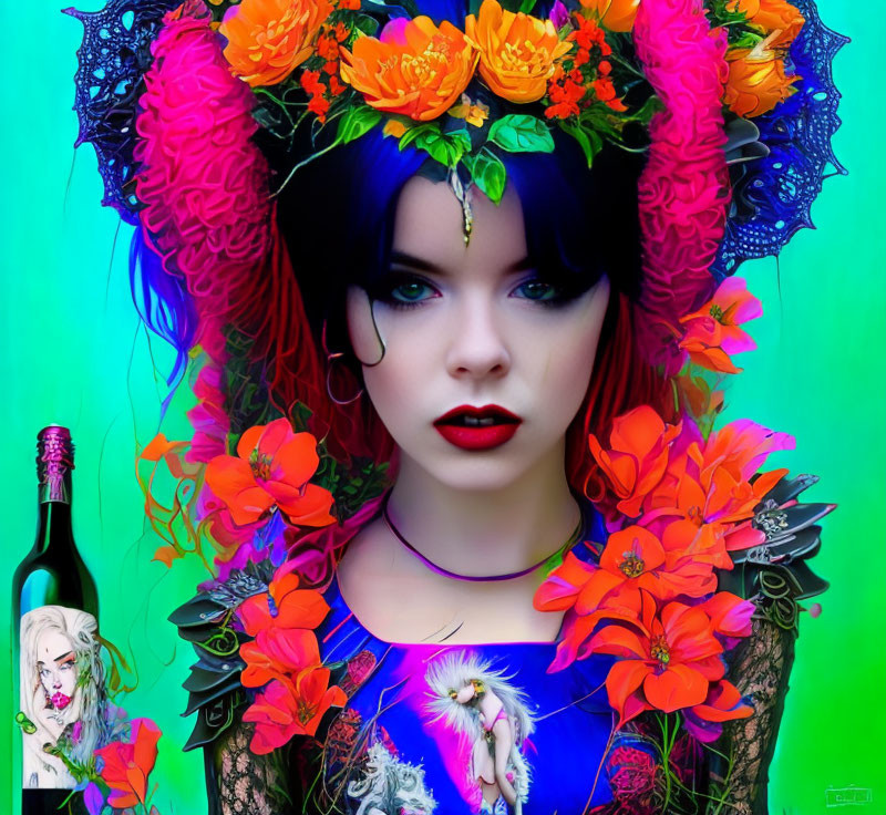 Woman with Blue Hair and Floral Crown in Colorful Attire