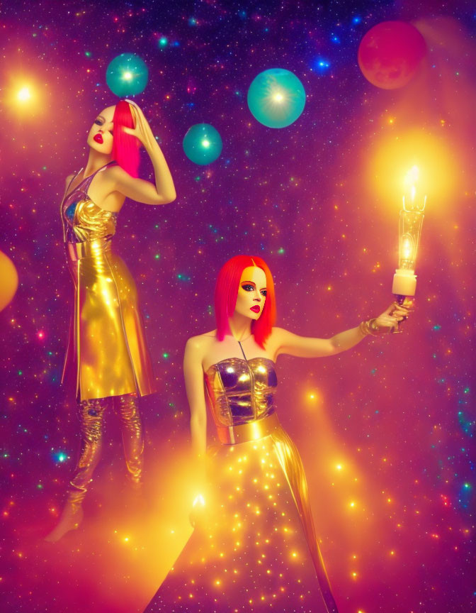 Futuristic women with red hair and candelabra in surreal space scene