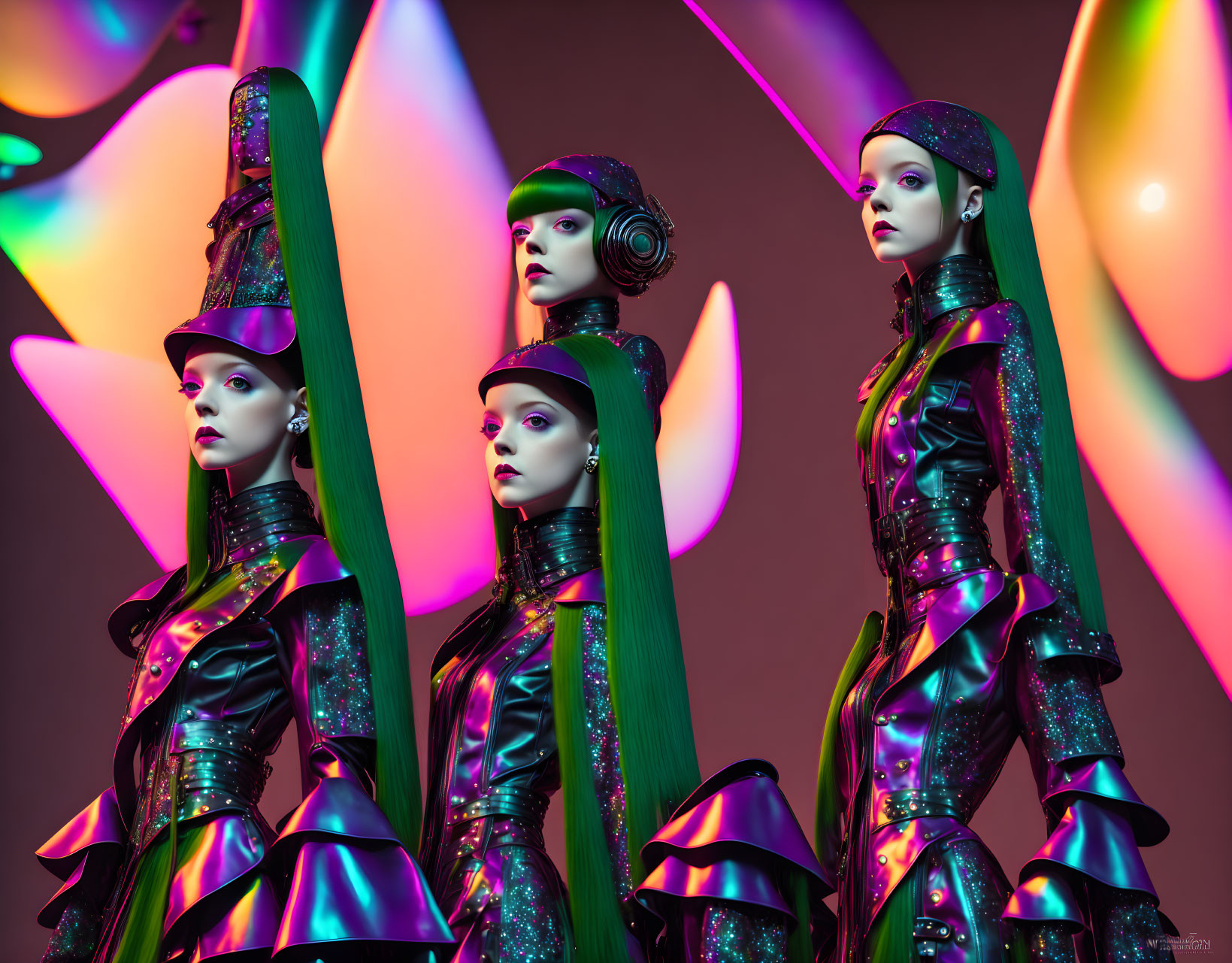 Four futuristic mannequins in sleek attire and exaggerated hats against colorful abstract backdrop