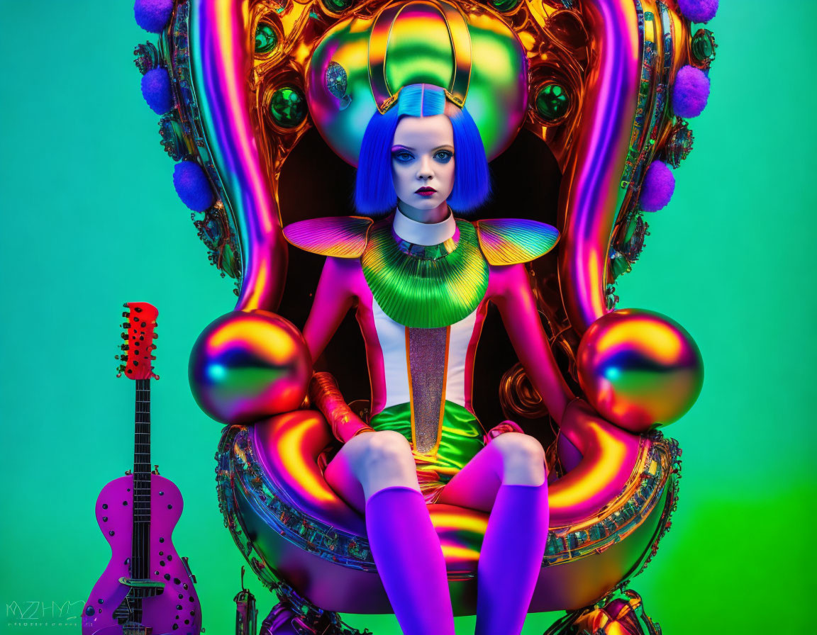 Vibrant image of woman with blue hair on golden throne with purple guitar