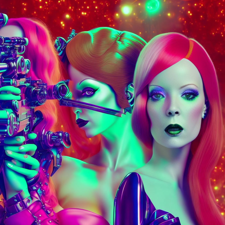 Vibrant futuristic women with colorful hair and makeup on red background