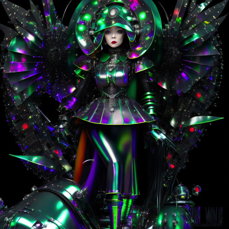 Elaborate illuminated futuristic female figure in green mechanical outfit