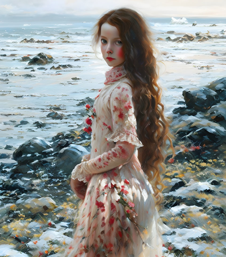 Pensive girl in vintage dress on rocky shore with floral patterns and flowing hair.