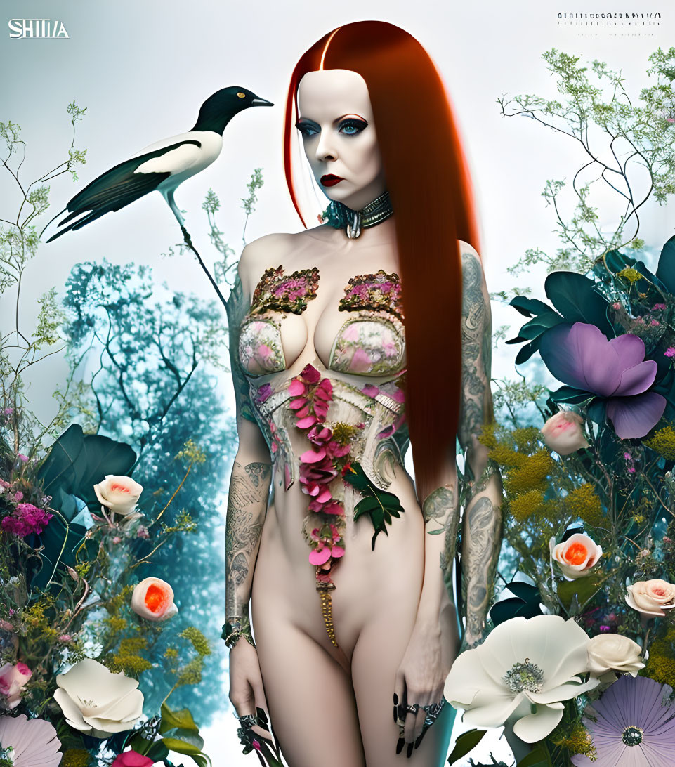 Stylized image of woman with red hair, lingerie, tattoos, flowers, and bird