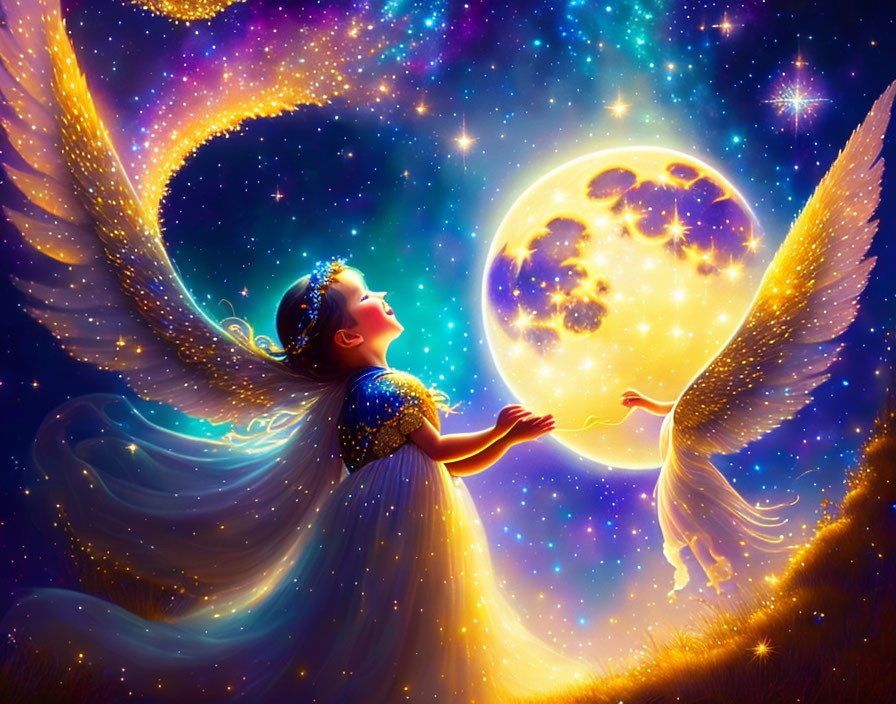 Celestial scene: Angel with wings under full moon