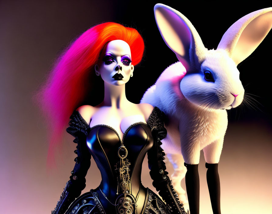 Stylized image: Woman with red hair and gothic attire with white rabbit under dramatic lighting