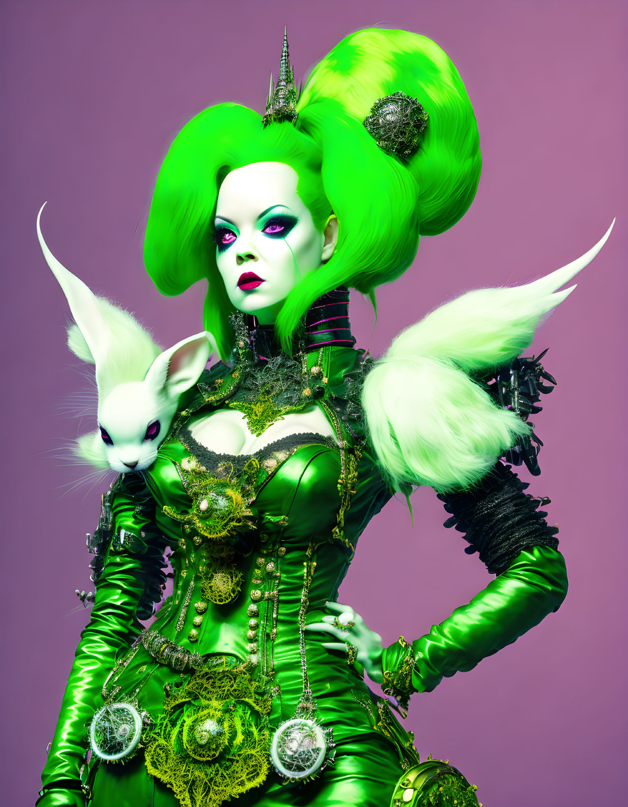 Fantasy Costume with White Rabbit Accessory on Purple Background