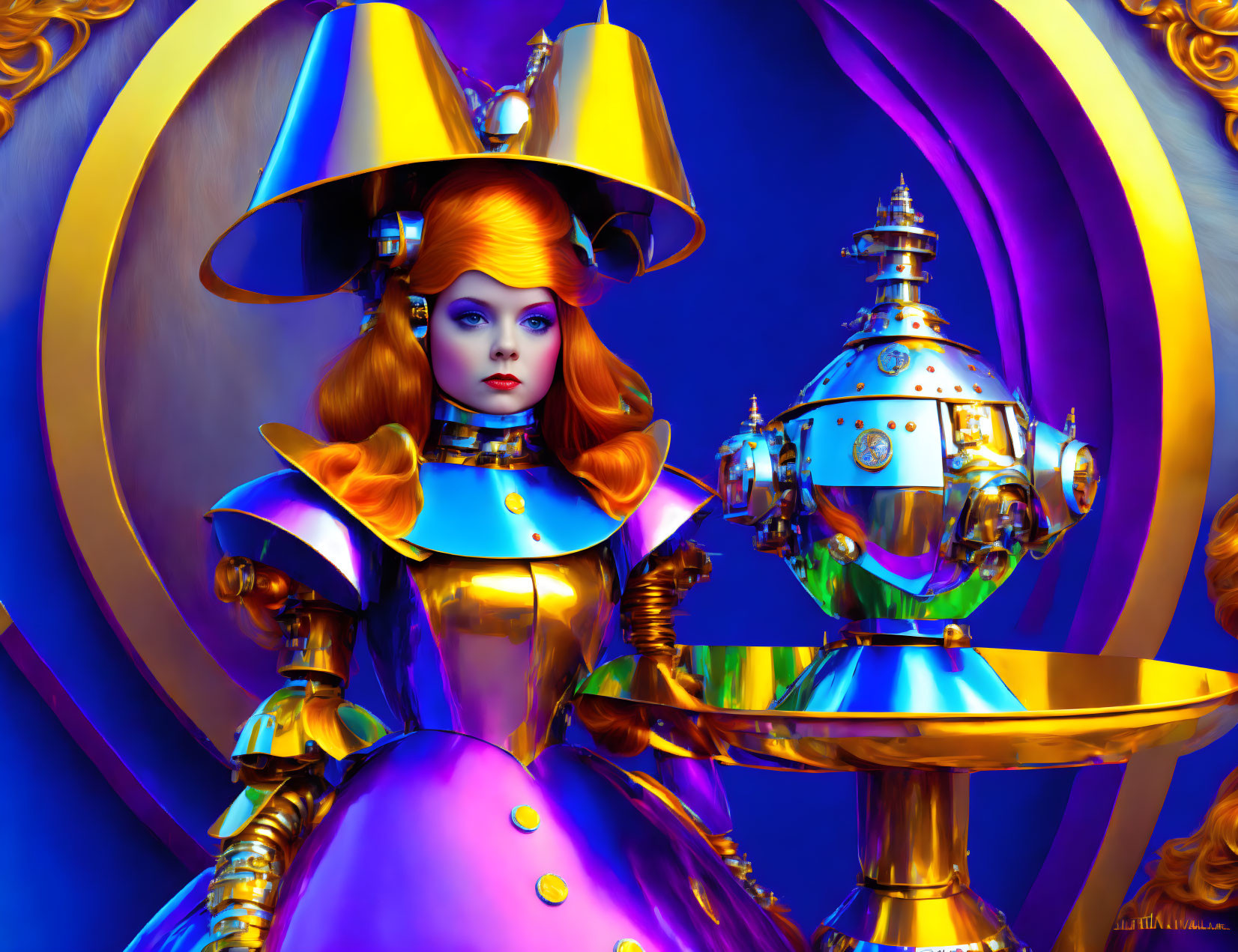 Surreal image of woman with orange hair and teapot robot on table