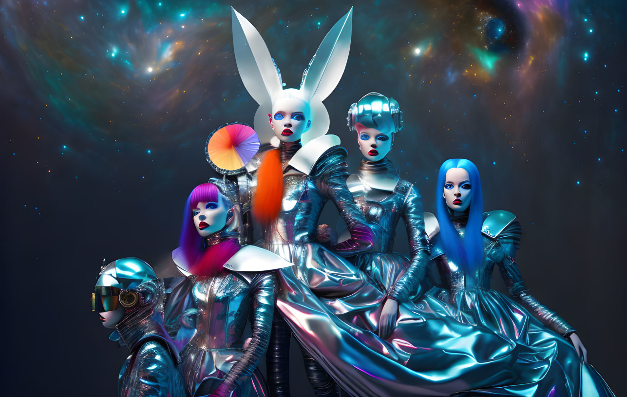Fashion Models in Metallic Clothing with Avant-Garde Hairstyles and Celestial Makeup