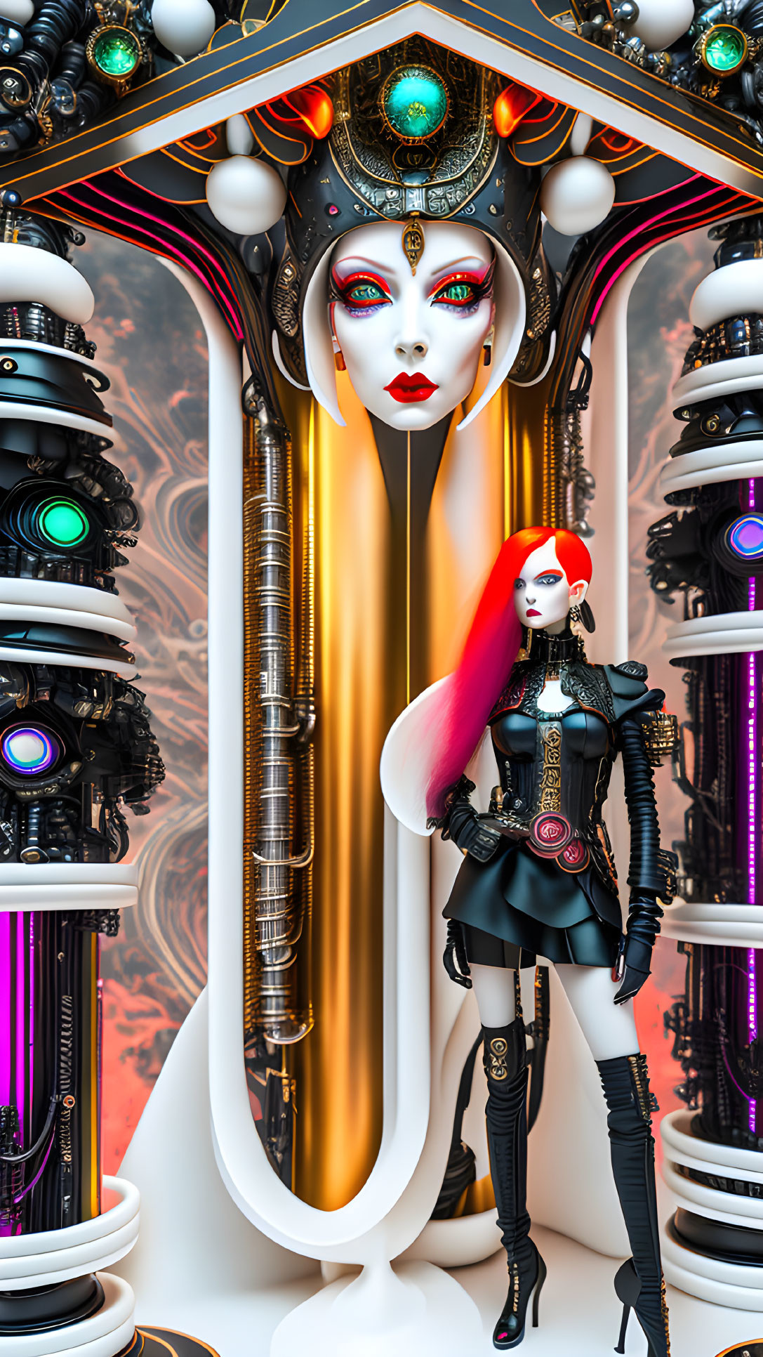 Futuristic female figure with red and white hair before glowing, intricate throne