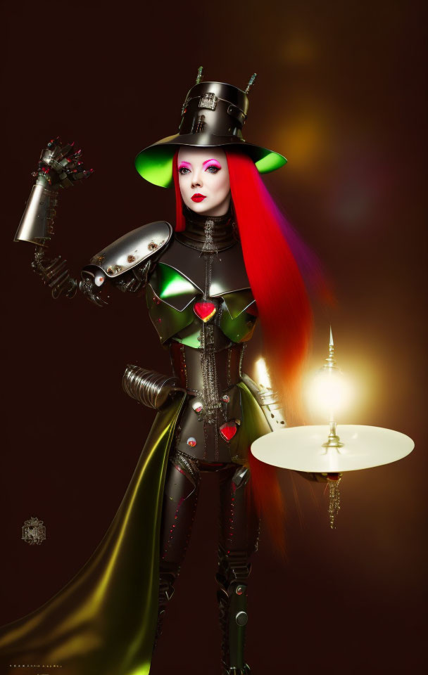 Female robot in top hat with candlestick, multi-colored hair, metallic suit, green cape