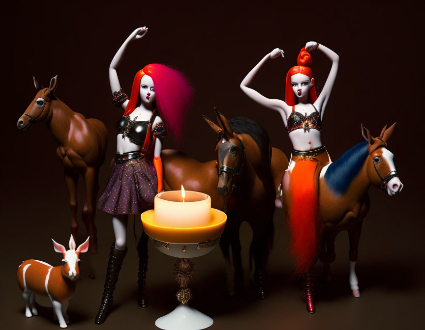 Doll figures with red hair dancing among model horses and candle stand