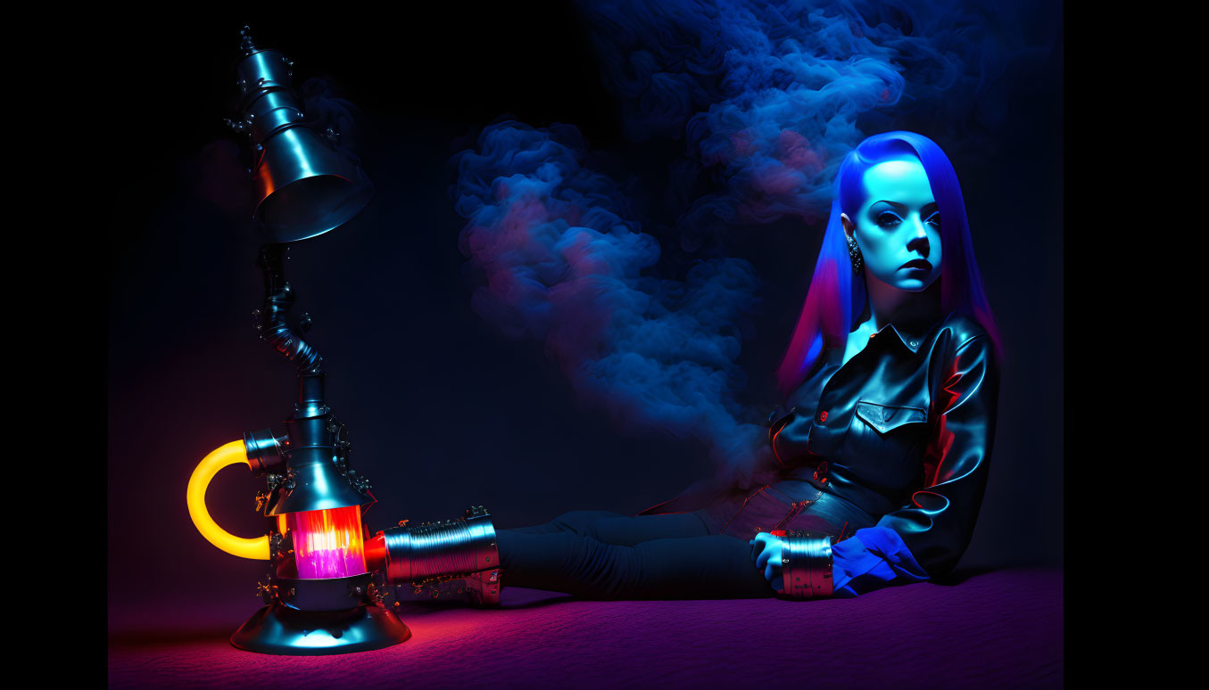 Futuristic woman with blue hair and glowing clothing beside smoking hookah under neon lights