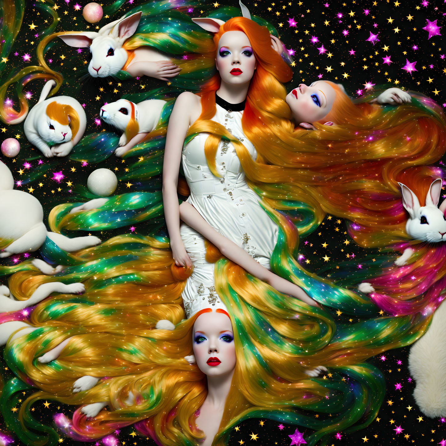 Two Women with Vibrant Hair Surrounded by Rabbits and Stars