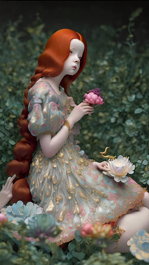 Surreal illustration: Woman with red hair in golden dress, holding pink flower, lush greenery