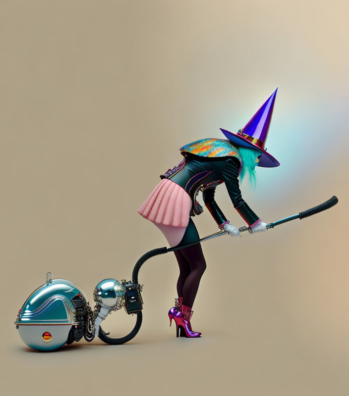 Person in vibrant witch attire vacuuming with futuristic cleaner