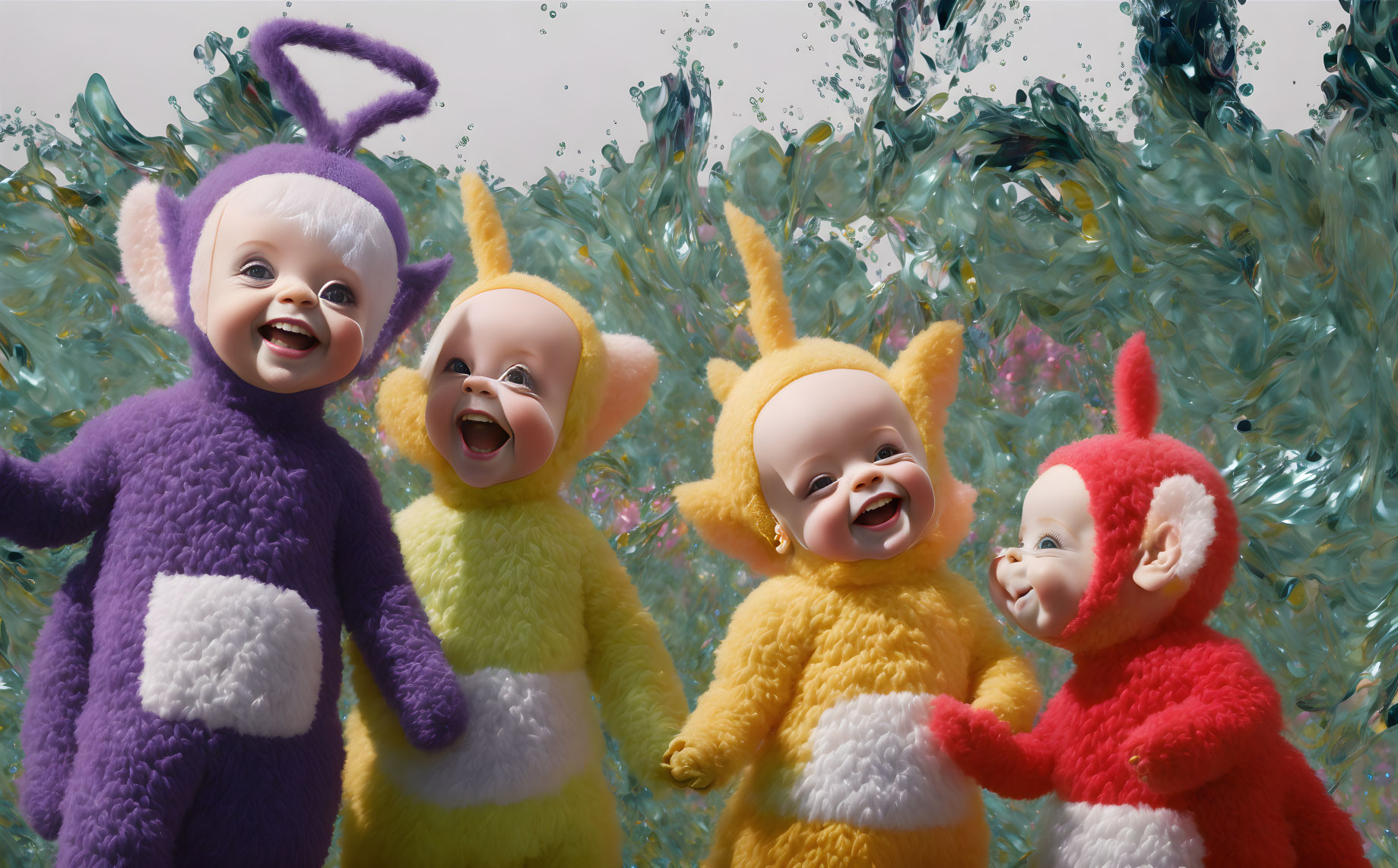 Four Laughing Teletubbies with Splashing Liquid