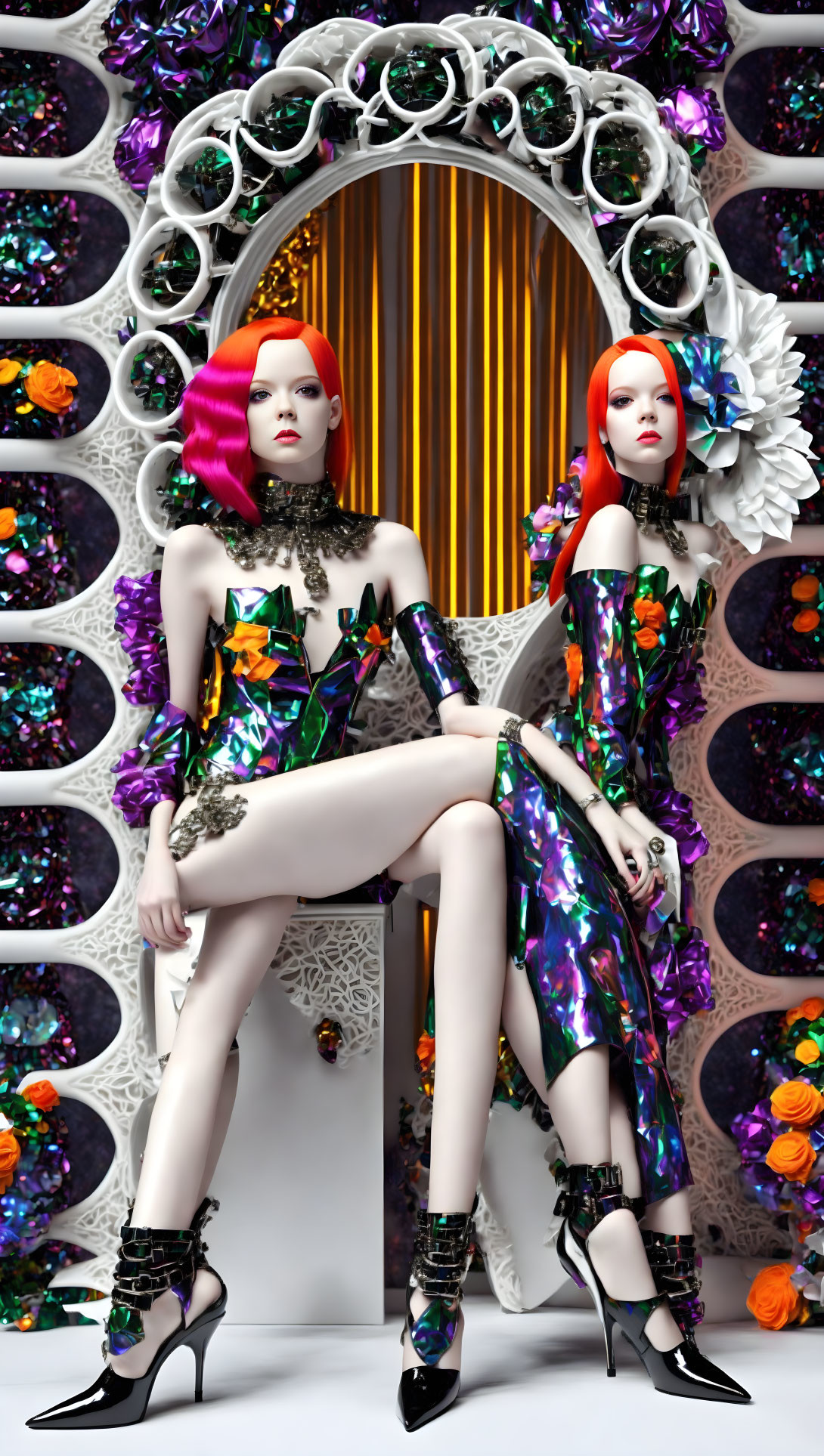 Colorful Hairstyles & Floral Outfits on Seated Mannequins by Ornate Mirror