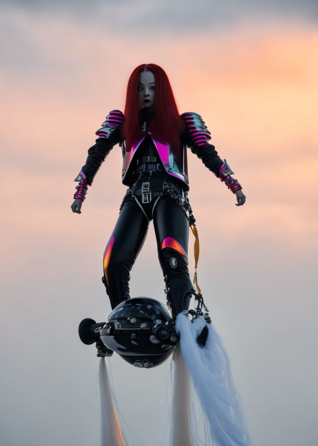 Vibrant red hair and cyberpunk attire against dusky sky