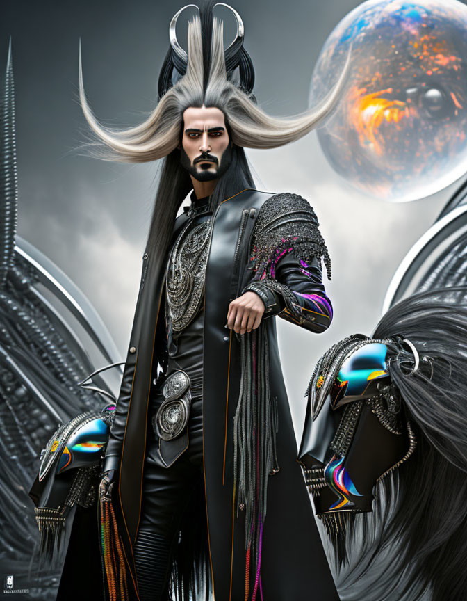 Male figure with long white hair in futuristic costume with helmeted creatures in cosmic backdrop