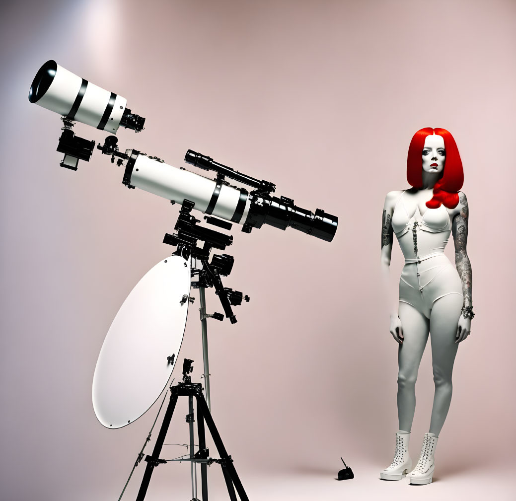 Large Telescope on Tripod with Red-Haired Mannequin