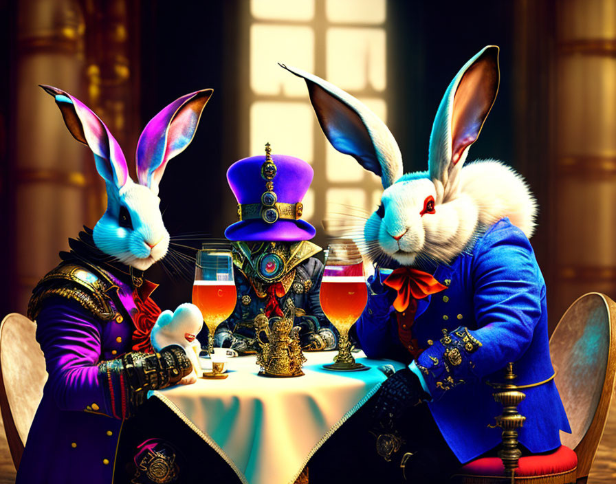 Anthropomorphic rabbits in historical military uniforms with golden tea set.