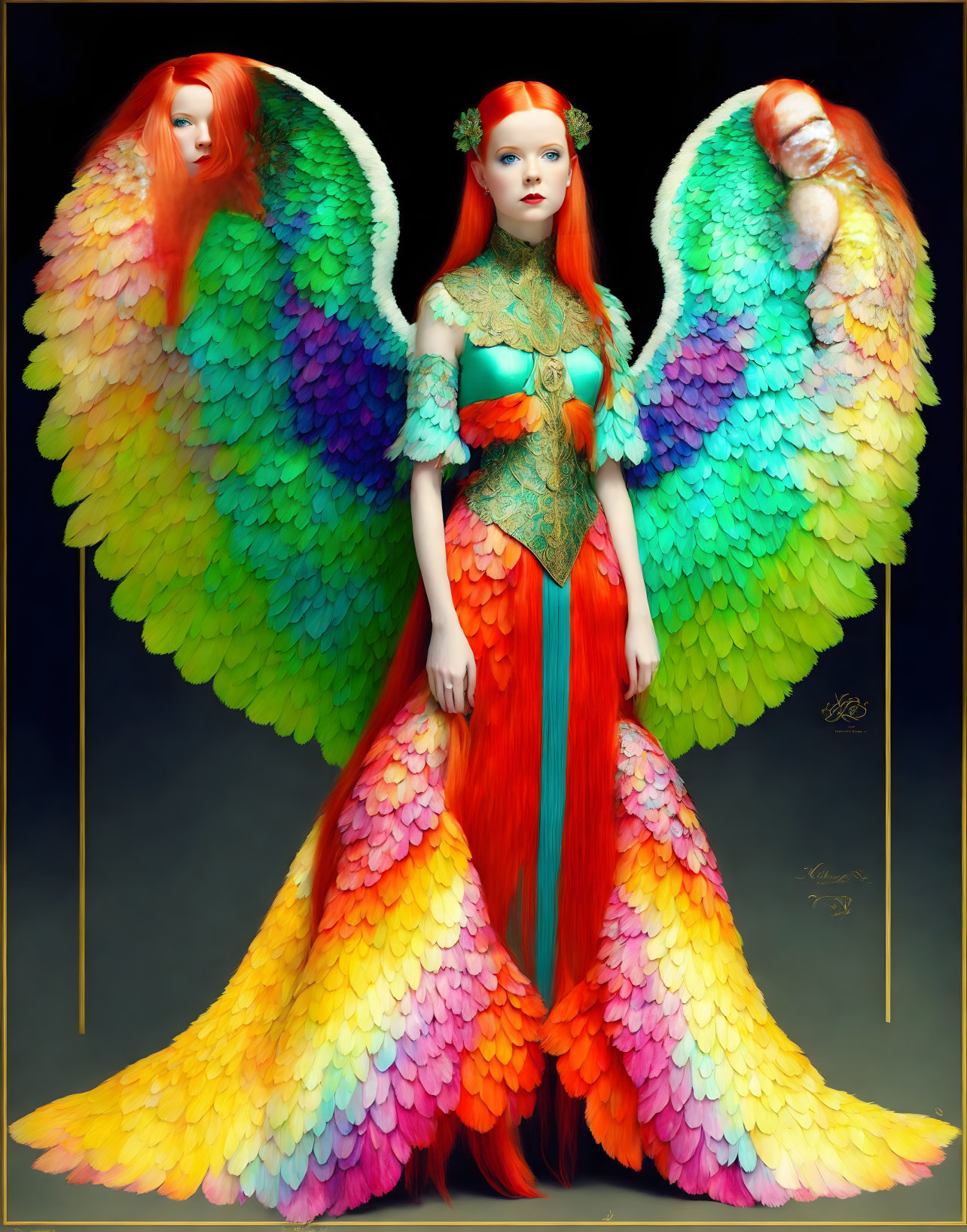 Colorful Artwork: Woman with Multicolored Wings on Dark Background