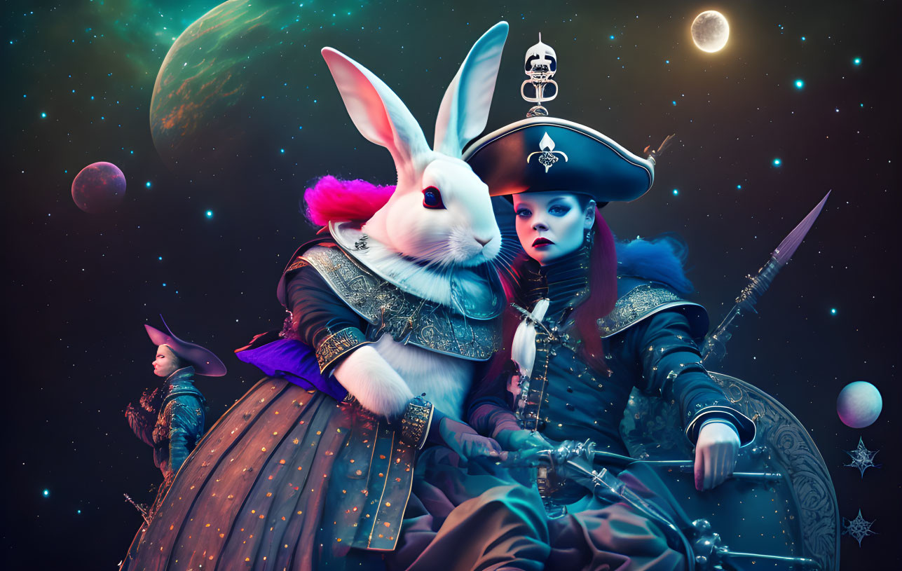 Fantasy Artwork: Woman Pirate Captain and Rabbit Creature in Cosmic Setting