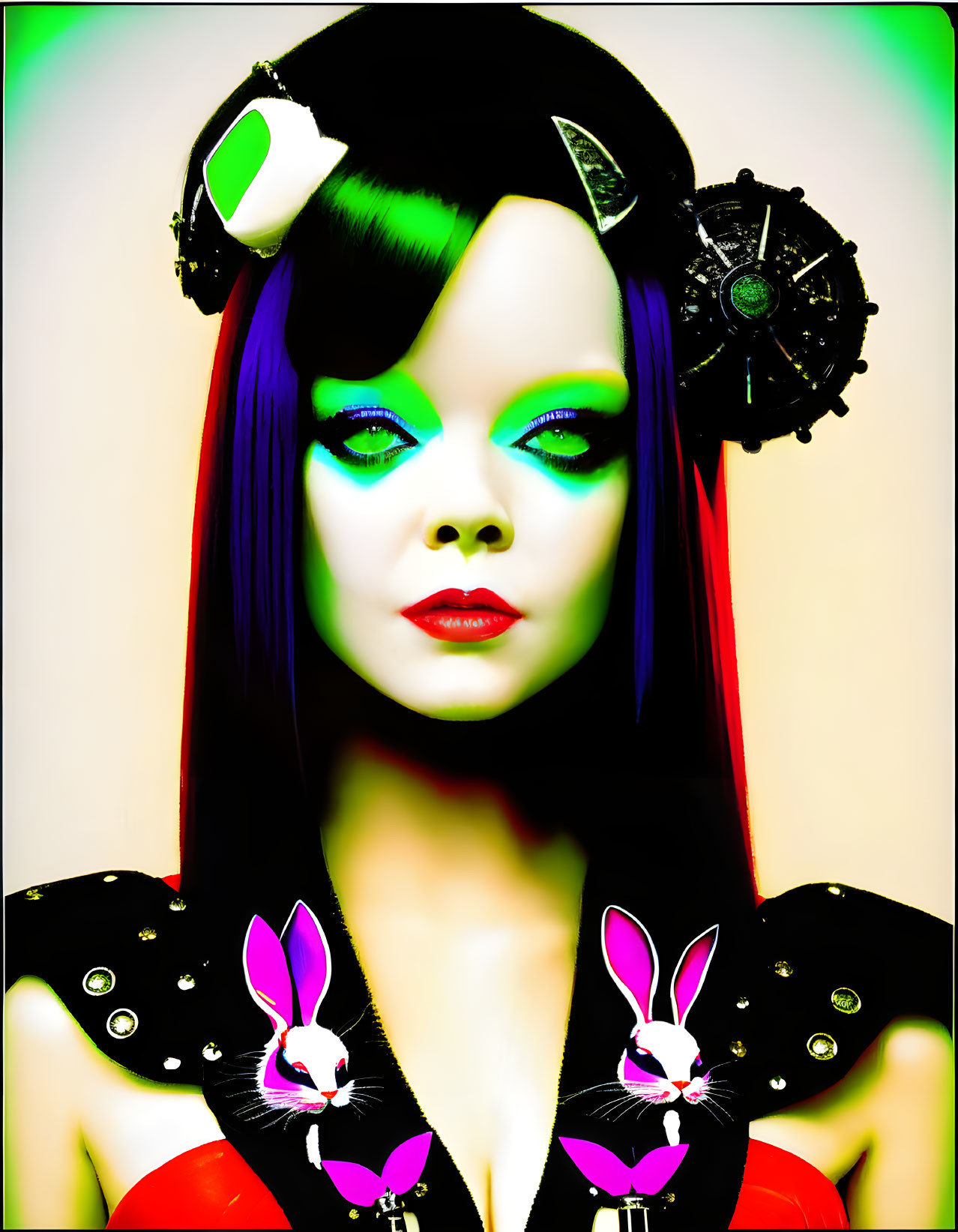 Vibrant portrait with green eye makeup, purple and red hair, bunny-themed outfit on gradient backdrop