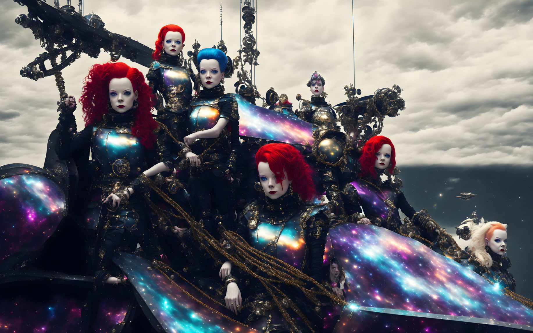 Elaborately Dressed Dolls with Cosmic Outfits on Dark Throne