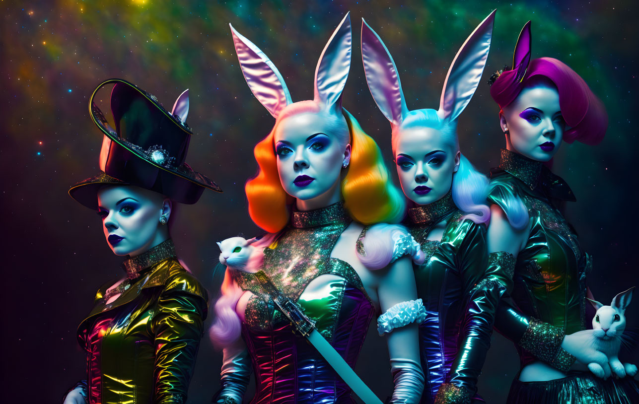 Four individuals in avant-garde makeup and whimsical costumes against celestial backdrop, holding white rabbit
