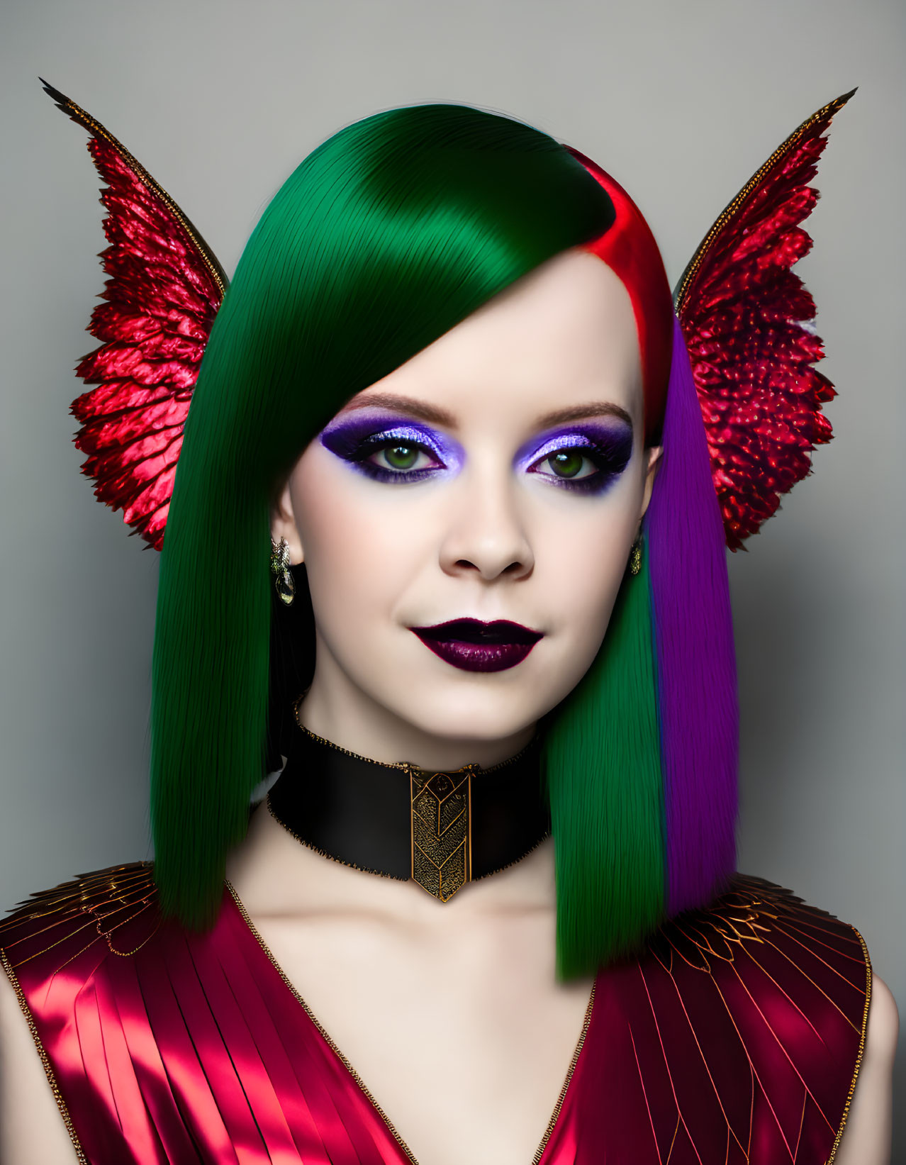 Portrait of Woman with Green and Purple Hair, Red Wings, Violet Eyes, Dark Lipstick