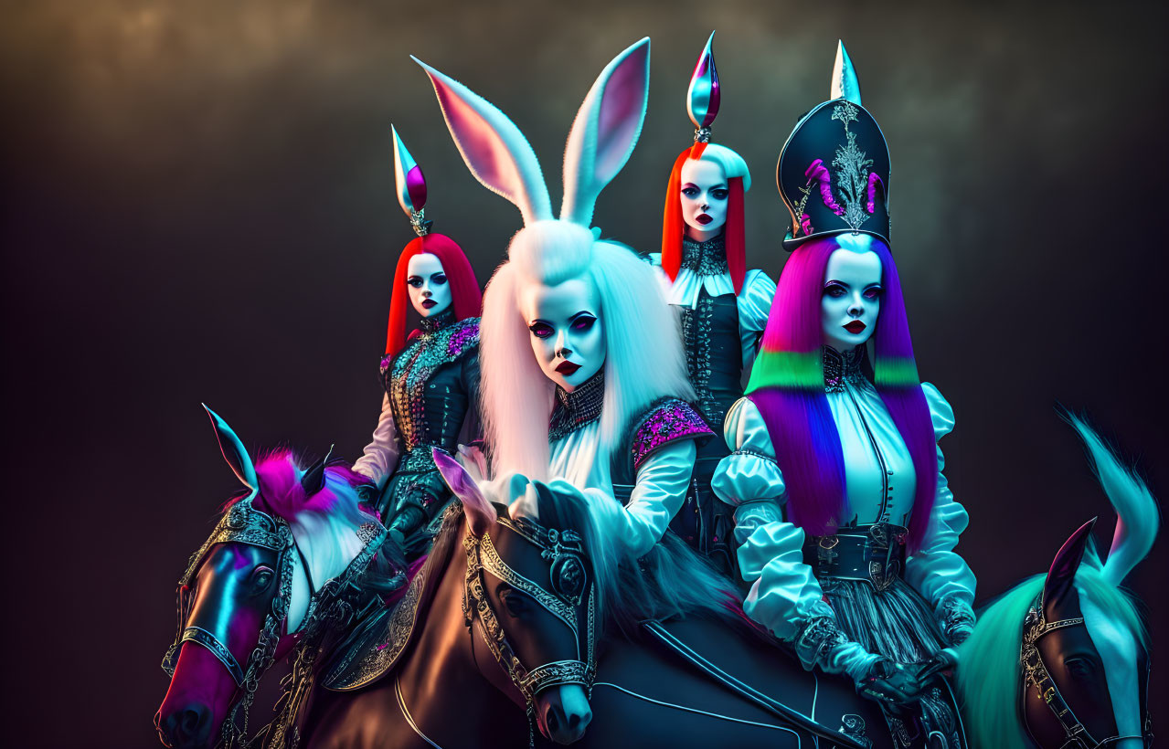 Stylized individuals with bunny ears and makeup riding ornate horses under a moody sky