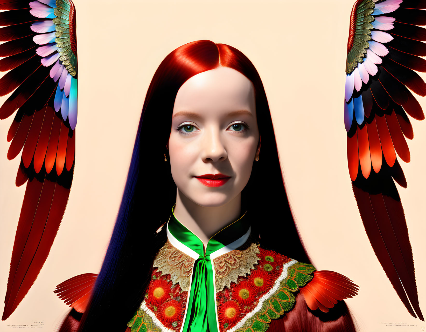 Digital illustration of woman with red hair, green eyes, and multicolored wings