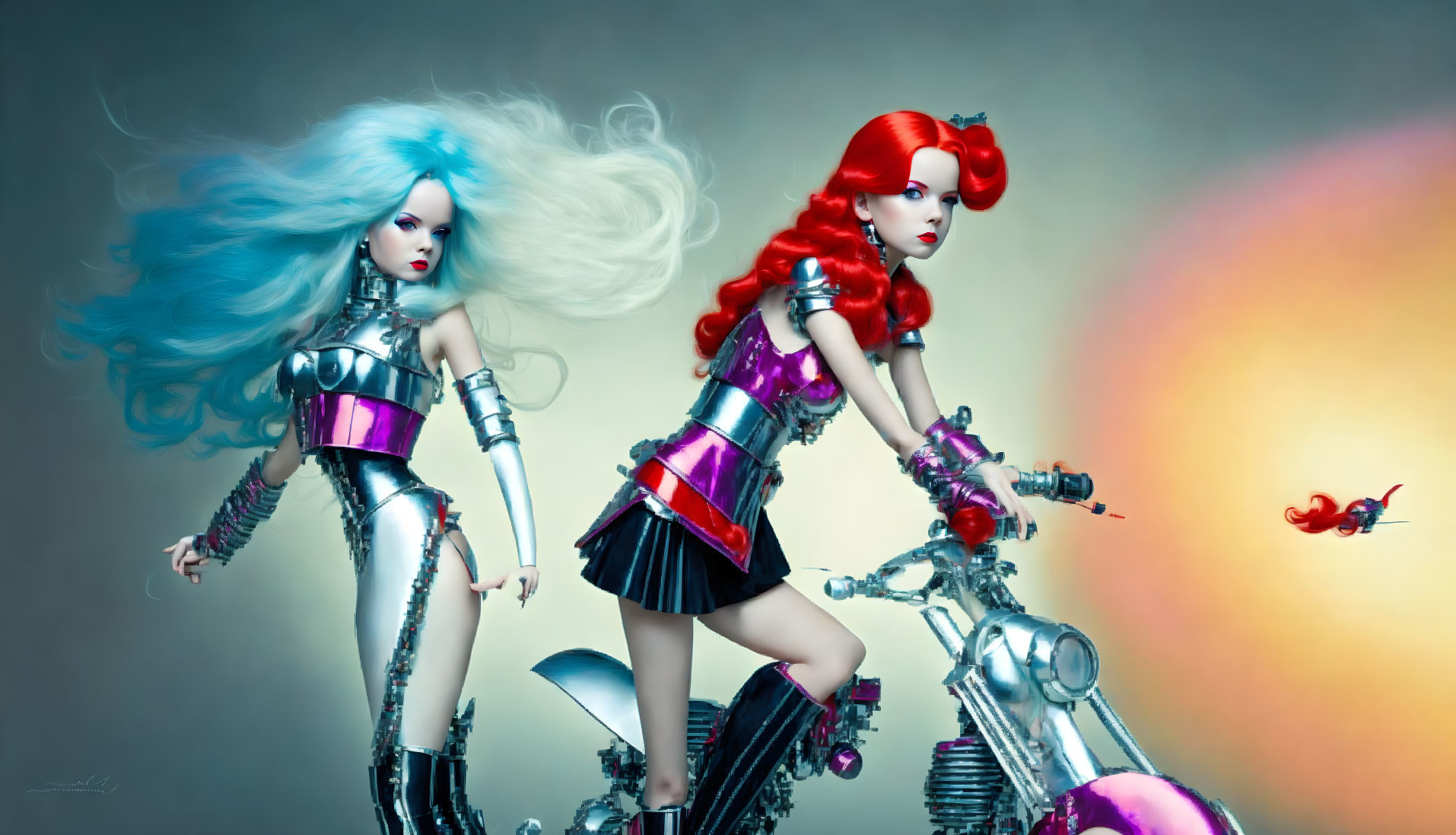 Futuristic female figures with vibrant hair on motorcycle with bird background