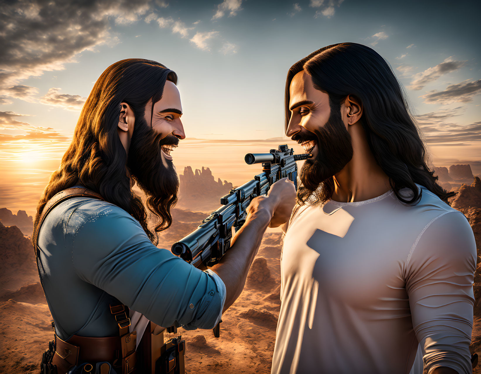 Animated men with guns in desert sunset scene