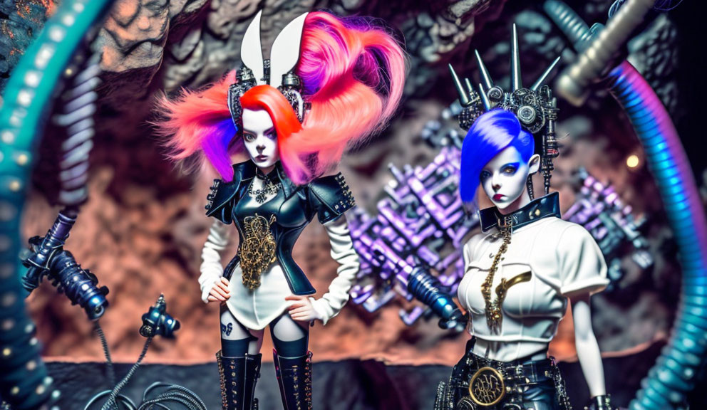 Futuristic dolls with vibrant hair and cyberpunk outfits