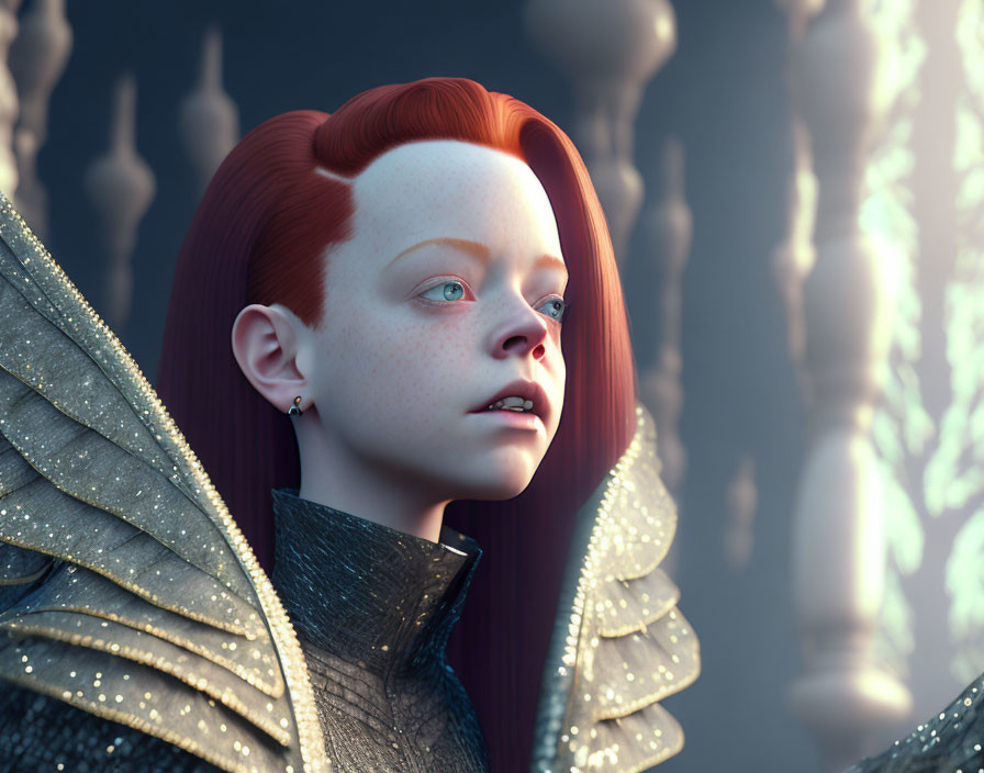 Fantasy character portrait with pale skin, blue eyes, red hair, and intricate wings