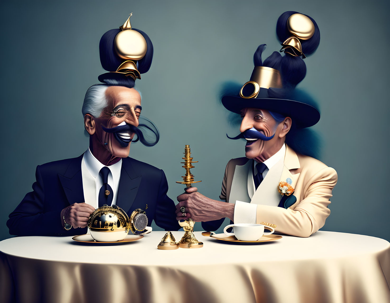 Whimsical aristocratic figures having tea with golden teapot and candlestick phone