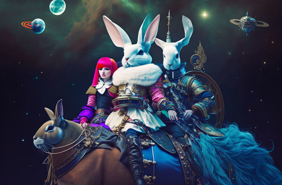 Surreal warrior with rabbit heads and woman on cat-like steed in cosmic setting